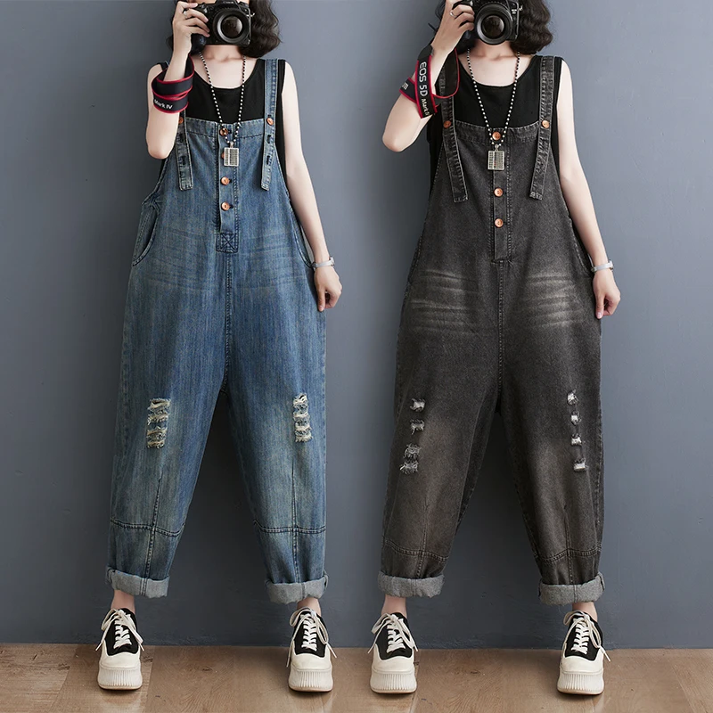 

#1500 Ripped Denim Jumpsuits Women Holes Loose Sleeveless Camisole Denim Overalls Ladies Wide Leg Long Jumpsuit Femme Summer2023