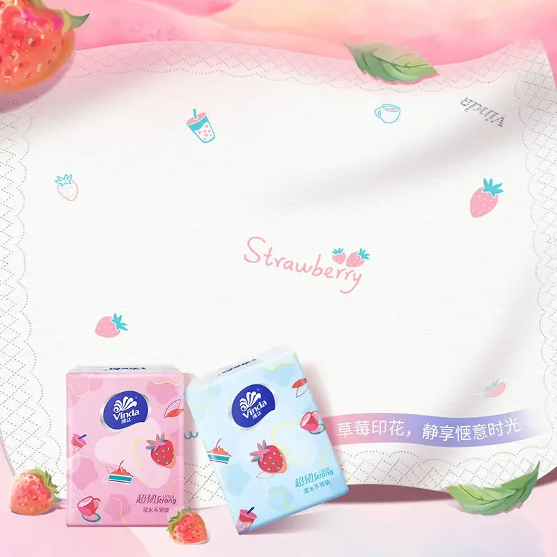 Sweetheart Strawberry Printed Tissue Paper 4 Layer Thickened Portable Small Pack Facial Tissue Student Napkins 48 Packs