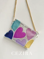 Luxury Design Colorful Metallic PU Leather Clutch Women Fashion Sweet Hearts Pattern Square Handbags Chain Crossbody Girls Purse - Image 2