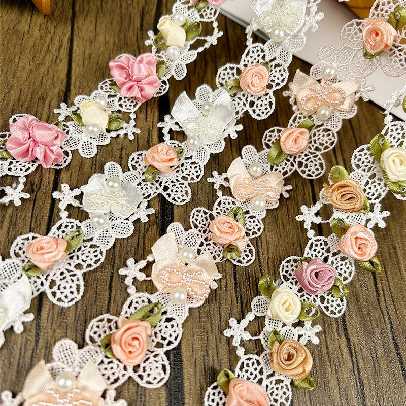 3D Flower Lace Trim Appliqu Trimming Lace Ribbon Embroidered Fabric Sewing Craft DIY Handmade Wedding Dress Decoration 44/50cm