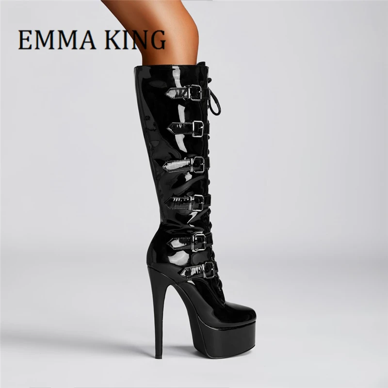 

Women Spike High Heels Mid-calf Boots Sexy Stripper Shoes Lace-up Buckle Belt Patent Leather Platform Boot Motorcycle Boot 35-44