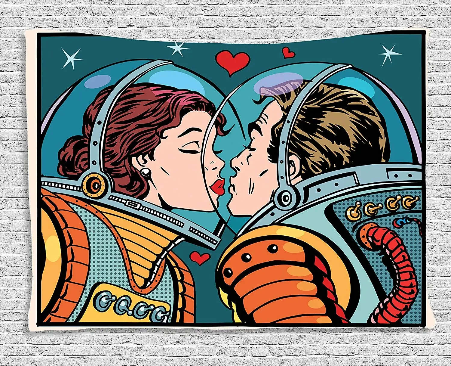 

Love Decor Tapestry Space Man Woman Astronauts Kissing Science Cosmos Fantasy Couple Pop Art Style Artful Print Wall Hanging