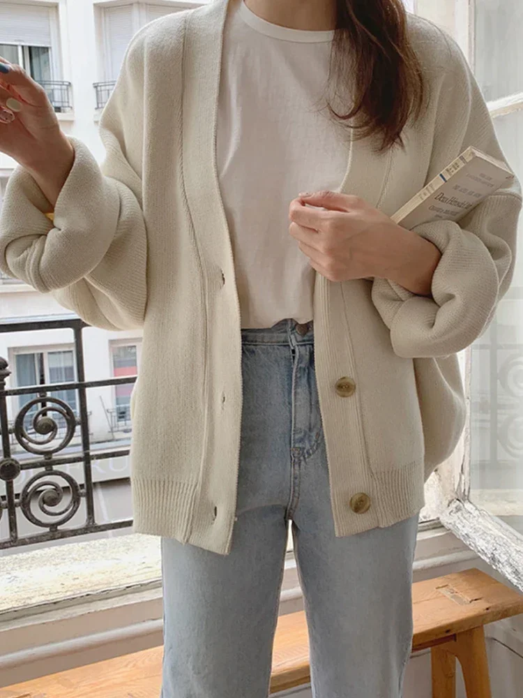 

Женский вязаный кардиган в стиле Харадзюку, коричневый свитер большого размера в Корейском стиле, повседневные винтажные черные теплые пальто, зима 2024, ZL13