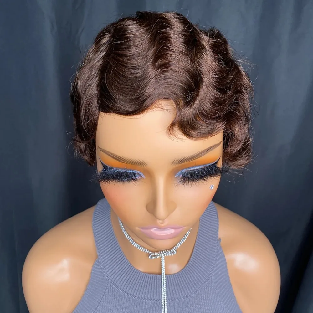 Deep Wave Finger Wave Wig Full Machine Made Human Hair Short Pixie Cut Wigs For Women