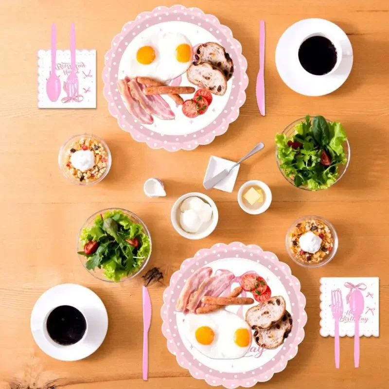 80/140pcs Disposable Tableware Set, Pink Bowknot Theme Party Decoration Supplies, Birthday Party Decoration Accessories Supplies