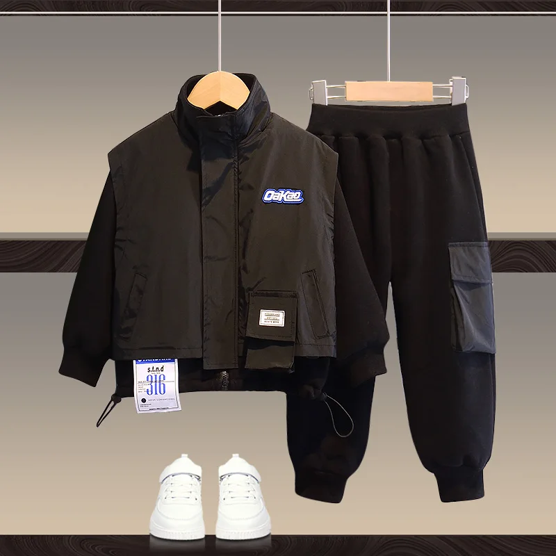 

Autumn Winter Childern Sets Patchwork Stand Collar Zipper Coat+Solid Sport Pants 2pcs Fashion Casual Velet Thermal Boys Suits