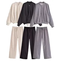 HH Women Solid Pant Sets Zipper Long Sleeve Coat Bomber Jacket + Drawstring High Waist Trousers Fashion Streetwear Suit