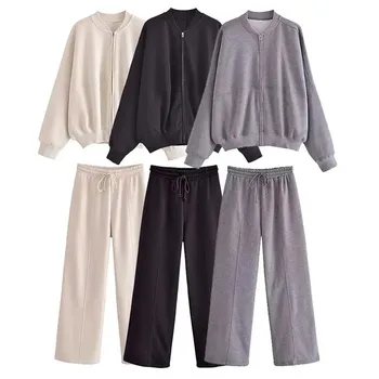 HH Women Solid Pant Sets Zipper Long Sleeve Coat Bomber Jacket + Drawstring High Waist Trousers Fashion Streetwear Suit 1