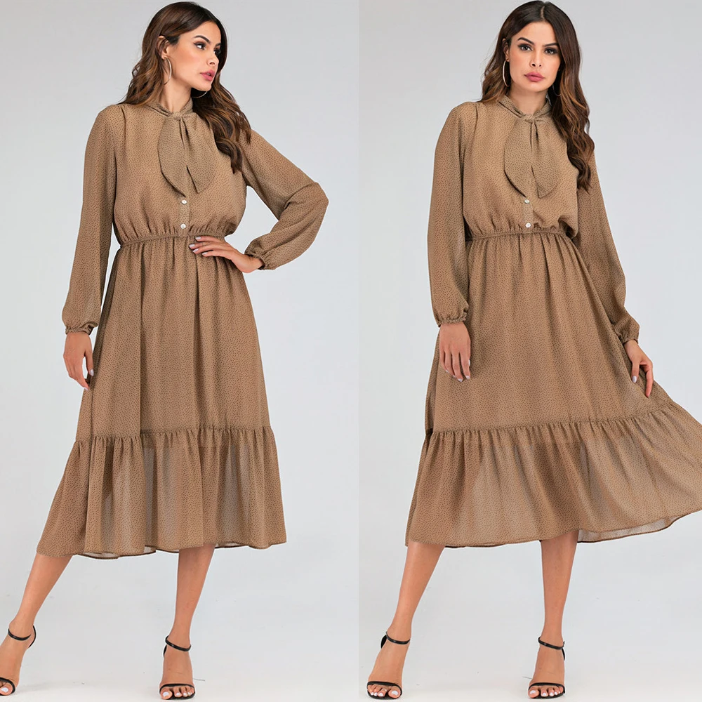 

Elegant Dot Print Long Sleeve Polka Dress Bowknot Collar Chiffon A Line Single Breasted Women Casual Dress Vintage Midi Vestidos