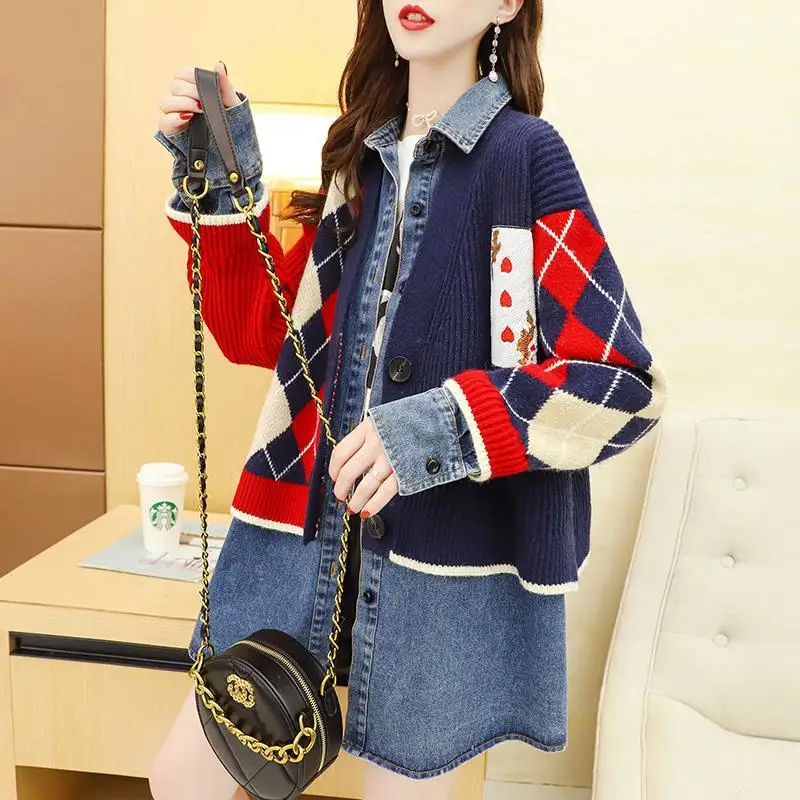 

Knitting Splicing Two Piece Set Denim Jacket Female Fried Street Medium Long New Fashion Outerwear Spring Autumn Cardigan Tops