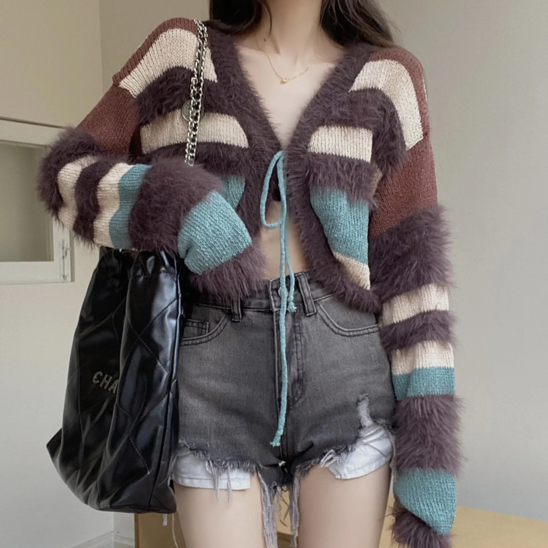 

Женский винтажный полосатый свитер Y2k, женский укороченный пуловер, 2023 сексуальные топы на шнуровке, женский кардиган