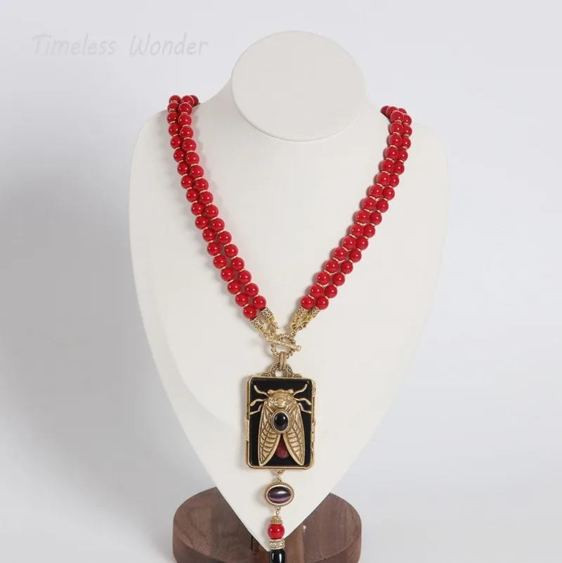 

Timeless Wonder Retro Beaded Agate Cicada Necklaces for Women Designer Jewelry Runway Rare Top Medieval Vintage Versatile 2612