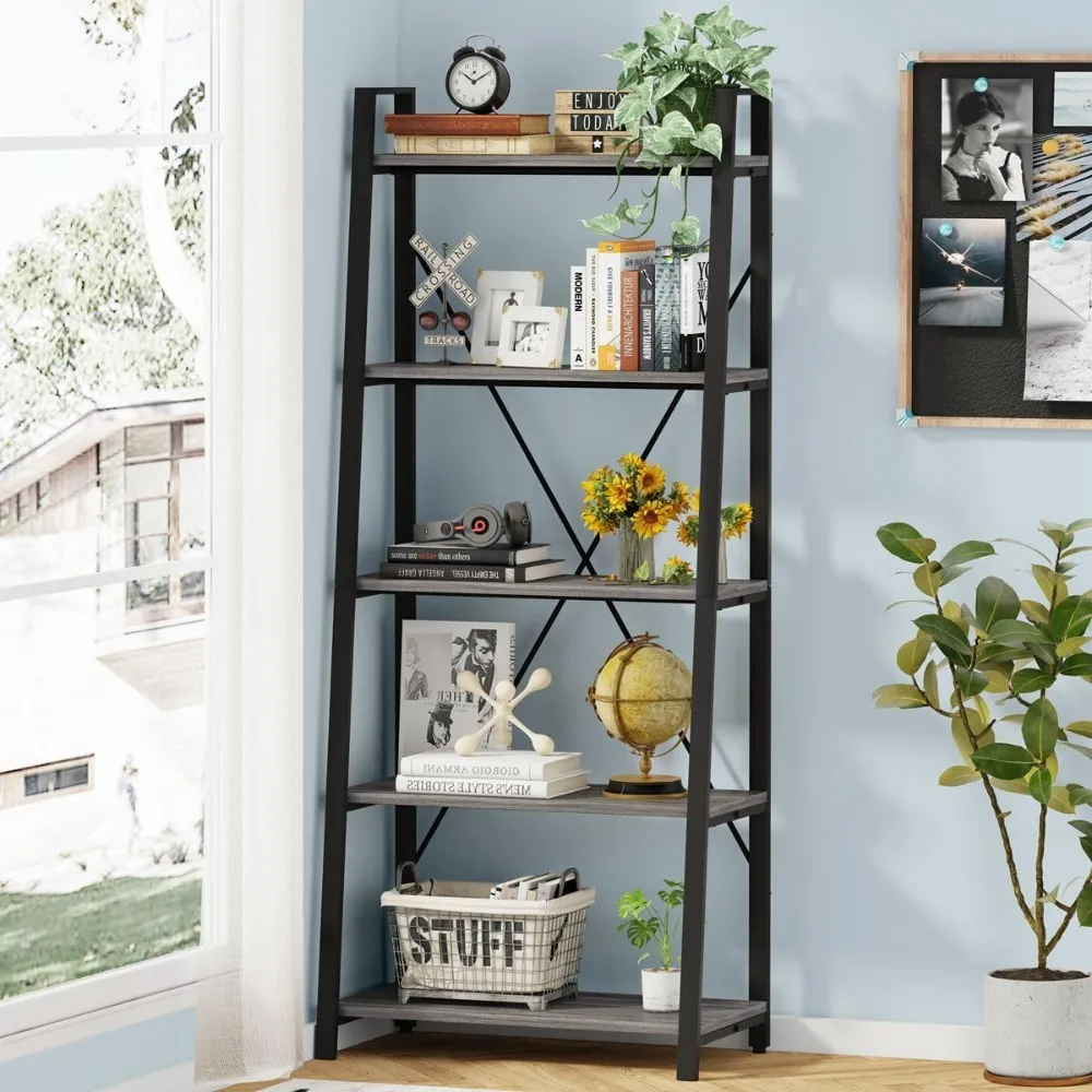 

Bookcases, Industrial Leaning Bookcase, Wood and Metal Ladder Bookshelf for Living Room, Kitchen,Dark Grey Oak Bookcases