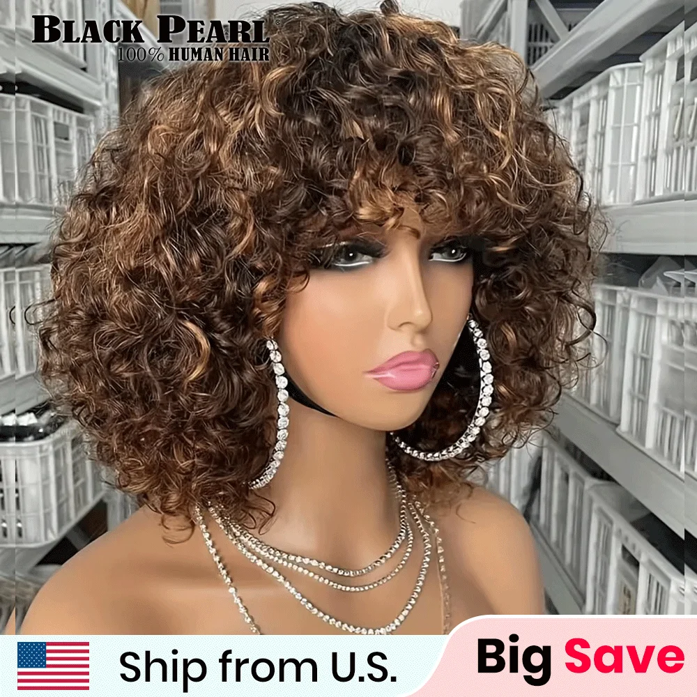 Glueless Human Hair Wigs With Bangs Highlight Honey Brown Curly Short Bob Wig With Bangs Jerry Curly Bob Wigs For Women human hair wigs