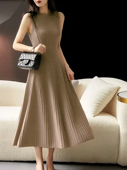 Elegant Women Long Dress 100% Merino Wool Dress O-Neck Spring Autumn Skirt Basic Dress Inside Join Slim Pleated Dress Sleeveless 1