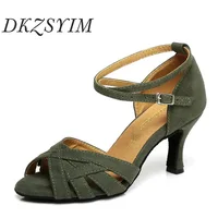 DKZSYIM Green/Red  Latin Dance Shoes Women Ballroom Professional Tango Salsa Dancing Shoes Flock Soft High Quality Heels 3-10CM 1