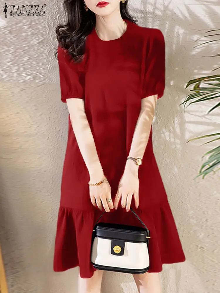 

Платье ZANZEA женское с круглым вырезом, повседневный короткий сарафан с коротким рукавом, элегантный Однотонный сарафан до колена с оборками на подоле, лето 2024