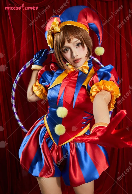 Damen Clown Cosplay Kostüm Harlekin Jumpsuit und Hut mit Handschuhen und Socken 5