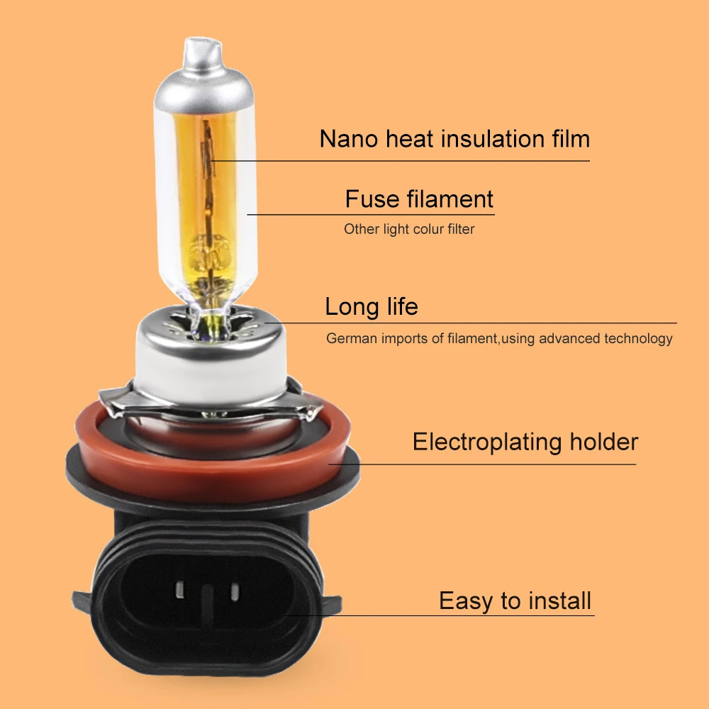 매우 밝은 할로겐 전구, 골든 옐로우 석영 유리, 자동차 헤드라이트 램프, H8, 12V, 55W, 2300K, 2 개
