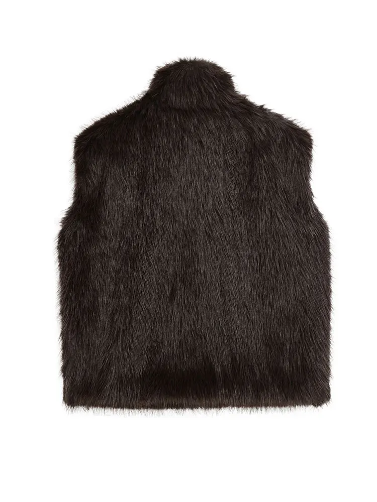 HH Autumn Faux Fur Vest Top For Women Elegant Fashion Turtleneck Sleeveless Zipper Waistcoat Winter Casual  Commuting Outerwear