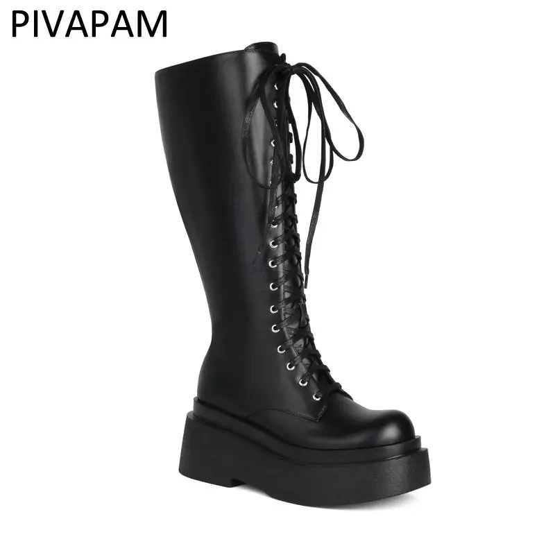

Punk Style Womens Knee High Boots Round Toe Wedge Heels Platform Shoes Black White Lace Up Ladies Thigh High Boots Comfort Shoes