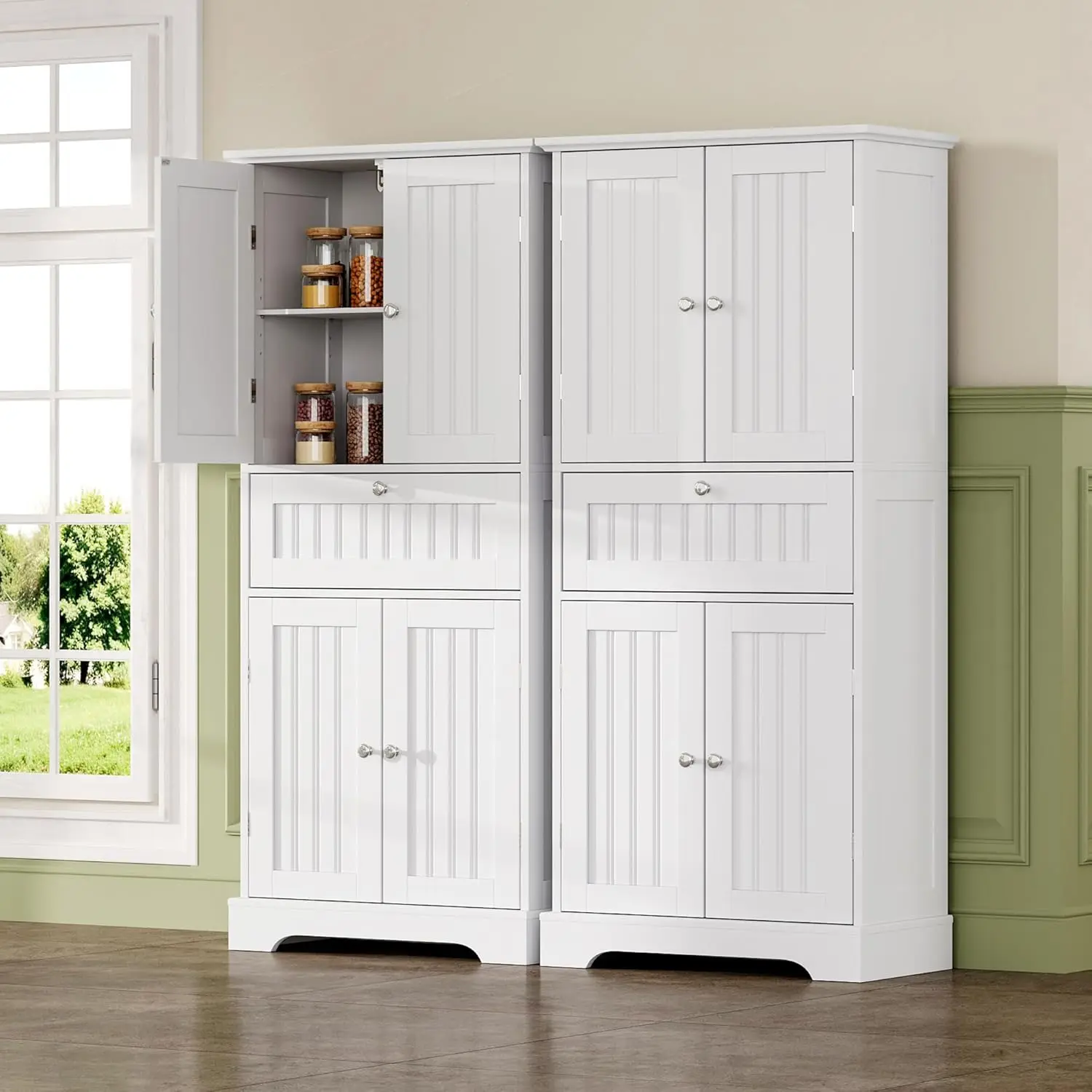 51" H Tall Bathroom Floor Cabinet, Modern Bathroom Storage Cabinet with Drawer and Adjustable Shelves, Freestanding Kitchen