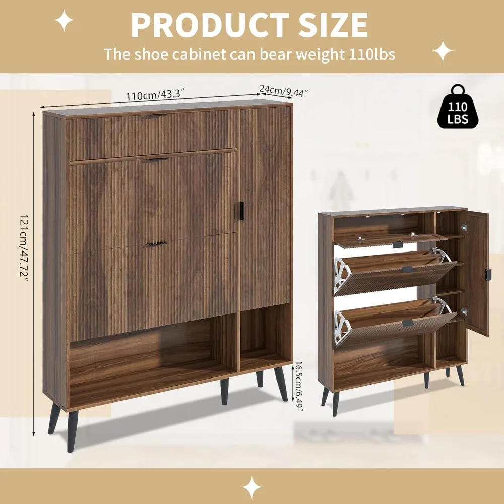 Shoe Storage Cabinet with 2 Flip Drawers Narrow Shoe Cabinet with Doors Freestanding Shoe Organizer Cabinet with Adjustable Shel 2