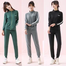 

Spring Autumn New T Shirt Sweater Zipper Jacket Feet Pants Straight Pants 2 Piece Sets Womens Outfits Green Black Gray