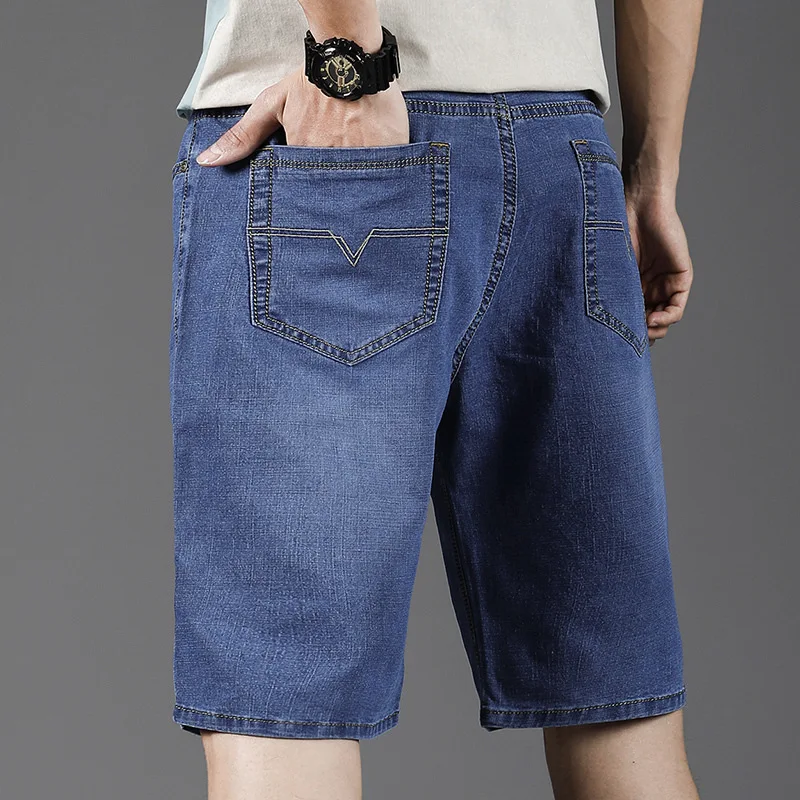 

Шорты мужские джинсовые стрейчевые, облегающие прямые штаны, модные синие джинсовые шорты средней длины, большие размеры 40, на лето