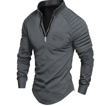 2025 Primavera Autunno Polo da uomo Moda Braccio Design pieghettato Manica lunga Colletto alla coreana Cerniera Top Tee Sport Casual POLO Tshirt