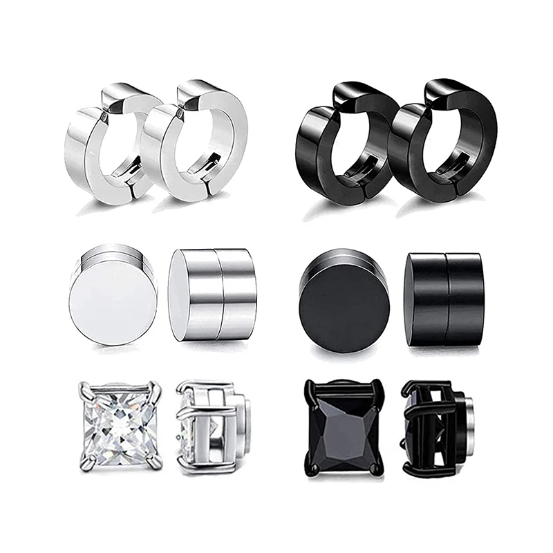 Men's Punk Cross Square Zircon Stainless Steel Magnet Fake Earrings Set 4-10 pairs ear clip earrings clip earrings ear clip stud earrings magnetic earrings ear accessories