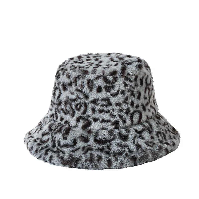 2024 New Winter Bucket Hat Women's Fashion Leopard Panama Warm Hats Female Vintage Faux Fur Fisherman Cap Hats for Women