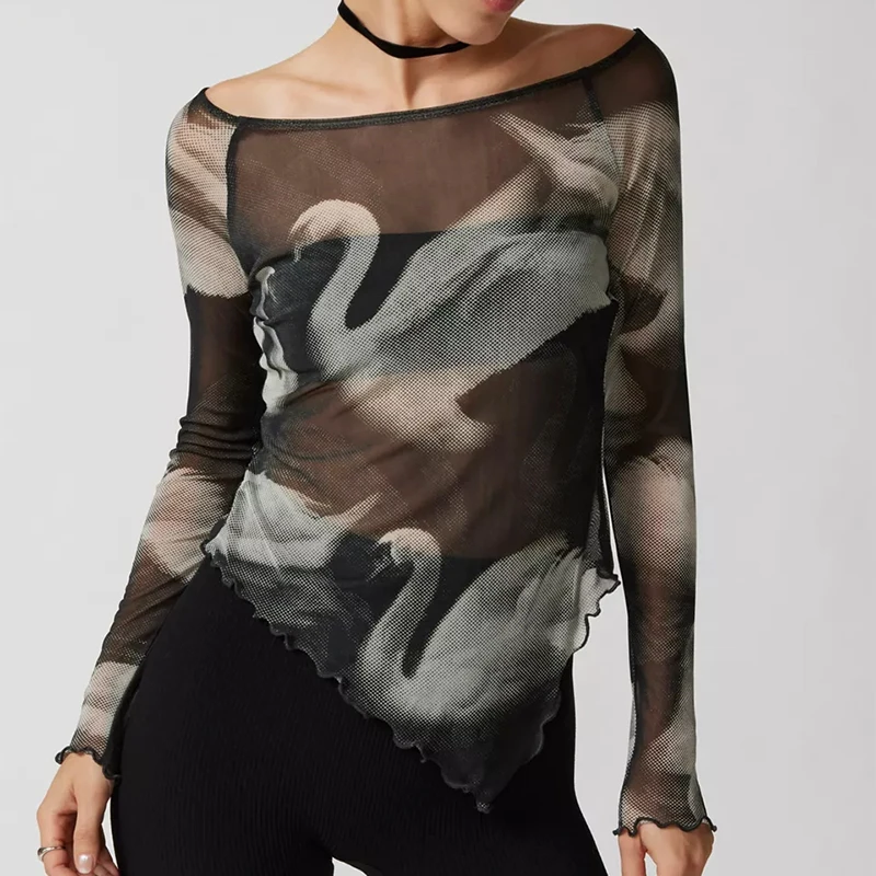 

Женский винтажный сетчатый укороченный топ y2k, футболка с длинным рукавом и графическим принтом, футболка с рюшами и асимметричным подолом в стиле ретро, Сказочная женская уличная одежда