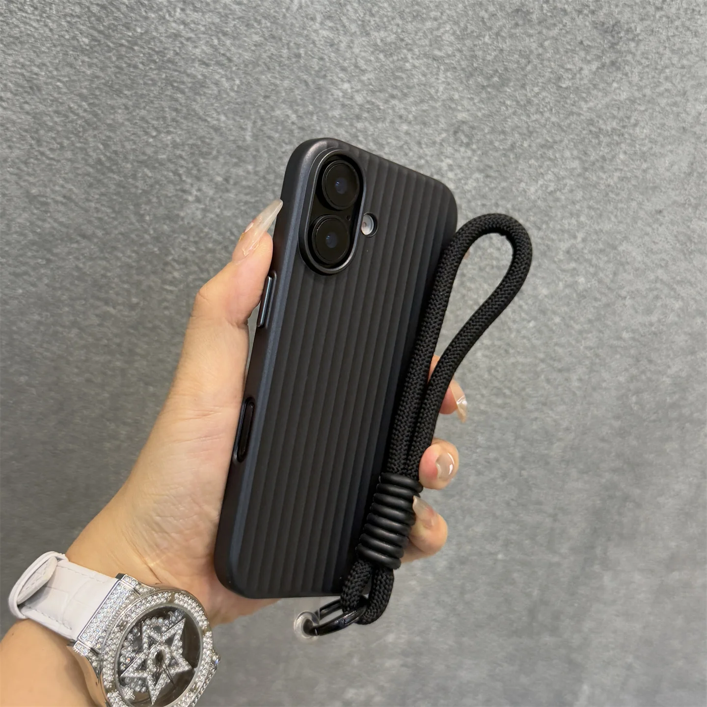 Luxury Titanium Gray Lanyard Phone Case with Metal Buttons and Grating Design