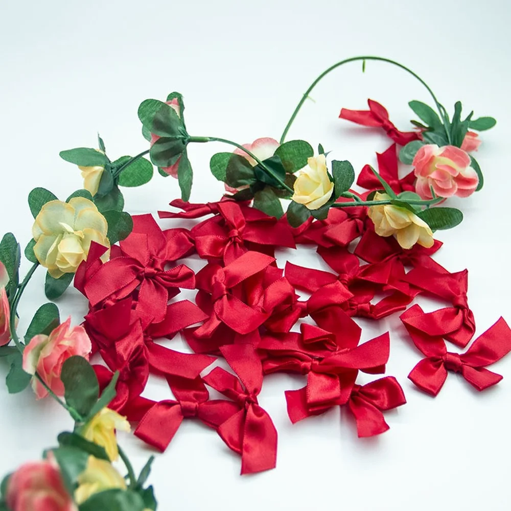 Satin Ribbon Decoration 20pcs Fresh Pink Satin Ribbon Bows Twist Tie Bows Mini Red Satin Ribbon Bow Appliques for DIY Craft Sewing Gift Wrapping 55x60mm