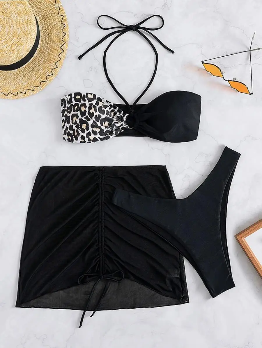 Bikini Three-piece Stitching Tube Top Sexy Open Back Bikini Sexy Print Women Swimsuit High Waist Bathing Suit Leopard