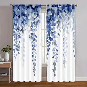2 pezzi, tende e finestre Trattamento stampa 2D Modello foglia blu Tessuto versatile (senza asta) Versatile Tutto l'uso per il soggiorno, 1