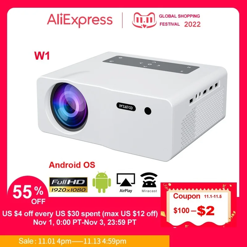 

Новый проектор W1 1920*1080P 4K, проектор с умным Wi-Fi, Android 9,0, проектор для домашнего кинотеатра, медиа-видеоплеер, игровой проектор 6D Keystone