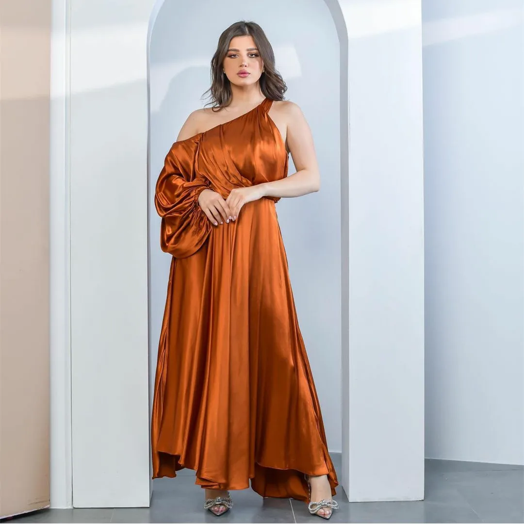 

Elegant Long Slanted Shoulder Satin Evening Dresses With Pockets A-Line Floor Length Zipper Robe De Mariée Party Gown For Women
