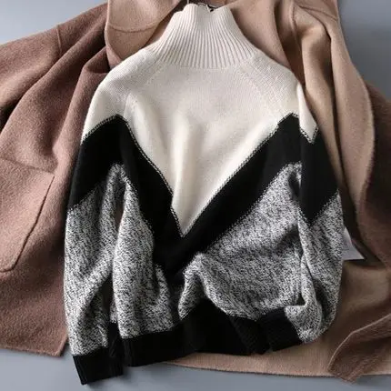 

Autumn Winter Women's Turtleneck Sweater Warm Pullover Commuter Elegant Top Loose Casual Women Retro Contrast Color Jumpers