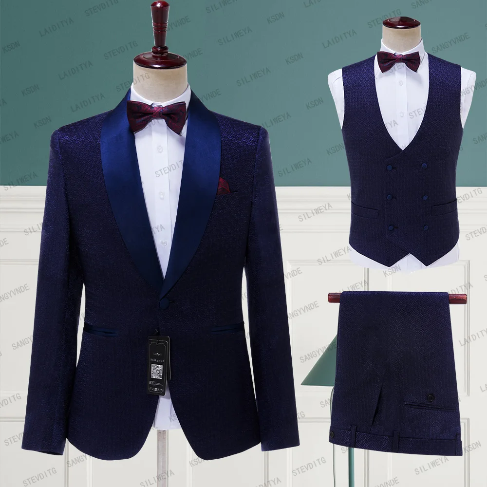 

Navy Blue Jacquard Men Suits Slim Fit 3 Pieces Jacket Vest Pants Set Wedding Groom Tuxedos Formal Business Male Costume Homme