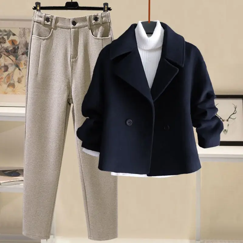 Autumn and Winter Temperament Women's High Neck Bottom Sweater Suit Windbreaker Coat Slim Fit Woolen Pants Three Piece Set Pants