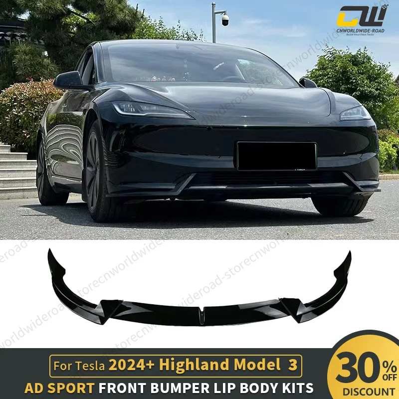 Front Bumper Lip Spoiler For Tesla Model 3 2023-2024 - 4-Piece Gloss Black ABS Sport Splitter Kit
