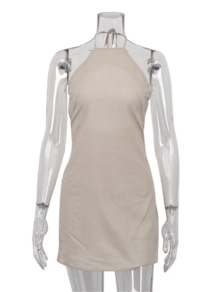 Female Backless Mini Dress Lace-Up Solid Basic Hanging neck Patchwork Casual Off-Shoulder Dress Sexy Fashion Women Dress