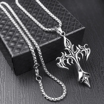 Classic Steel Warrior Men's Cross Amulet Necklace Fashion Flame Christian Simple Trend Men's Women's Pendant Lucky Gift 1