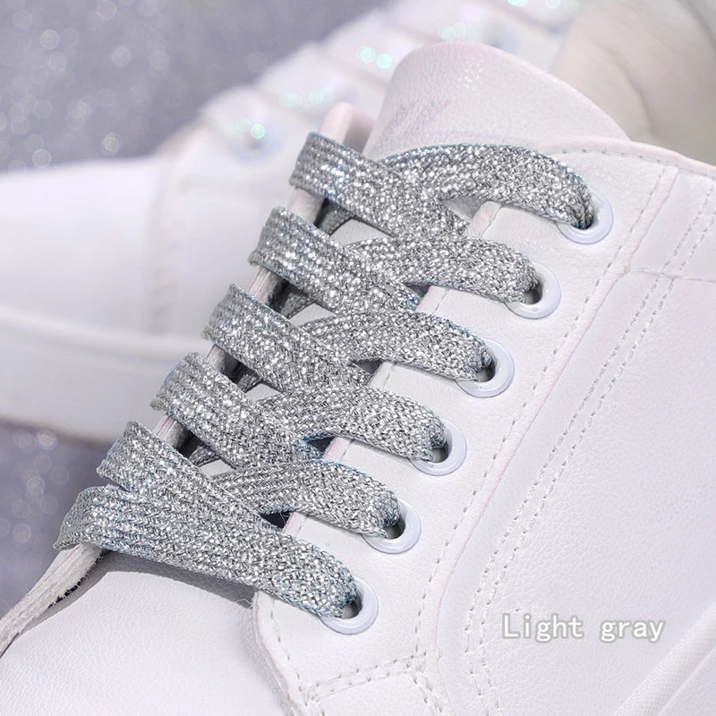 Vibrant Metallic Glitter Flat Shoelaces - Silver, White, and Gold for Sports and Running Shoes