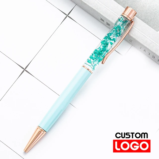 New Eternal Life Flower Oil Pen Metal Ballpoint Pen Lettering Engraved Name Advertising Pen Custom Logo Stationery Wholesale Style 2 - Light blue
