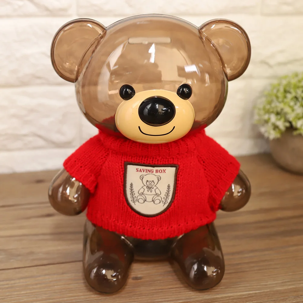 Child Gift Children  Piggy Bank Money Box Cartoon Clothes Bear Plastic Transparent Cute Bear Piggy Bank  Box Saving Box 2