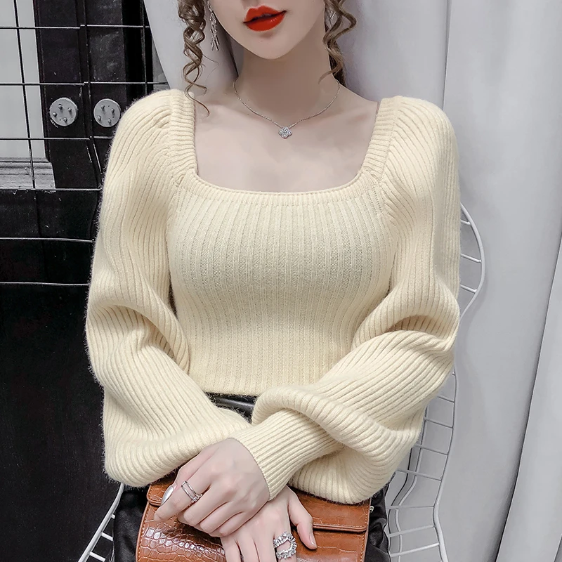 pullover sweater Fashion loose coarse sweater pullover autumn winter 2020 square collar knitted sweater women leisure long sleeve top brown cardigan