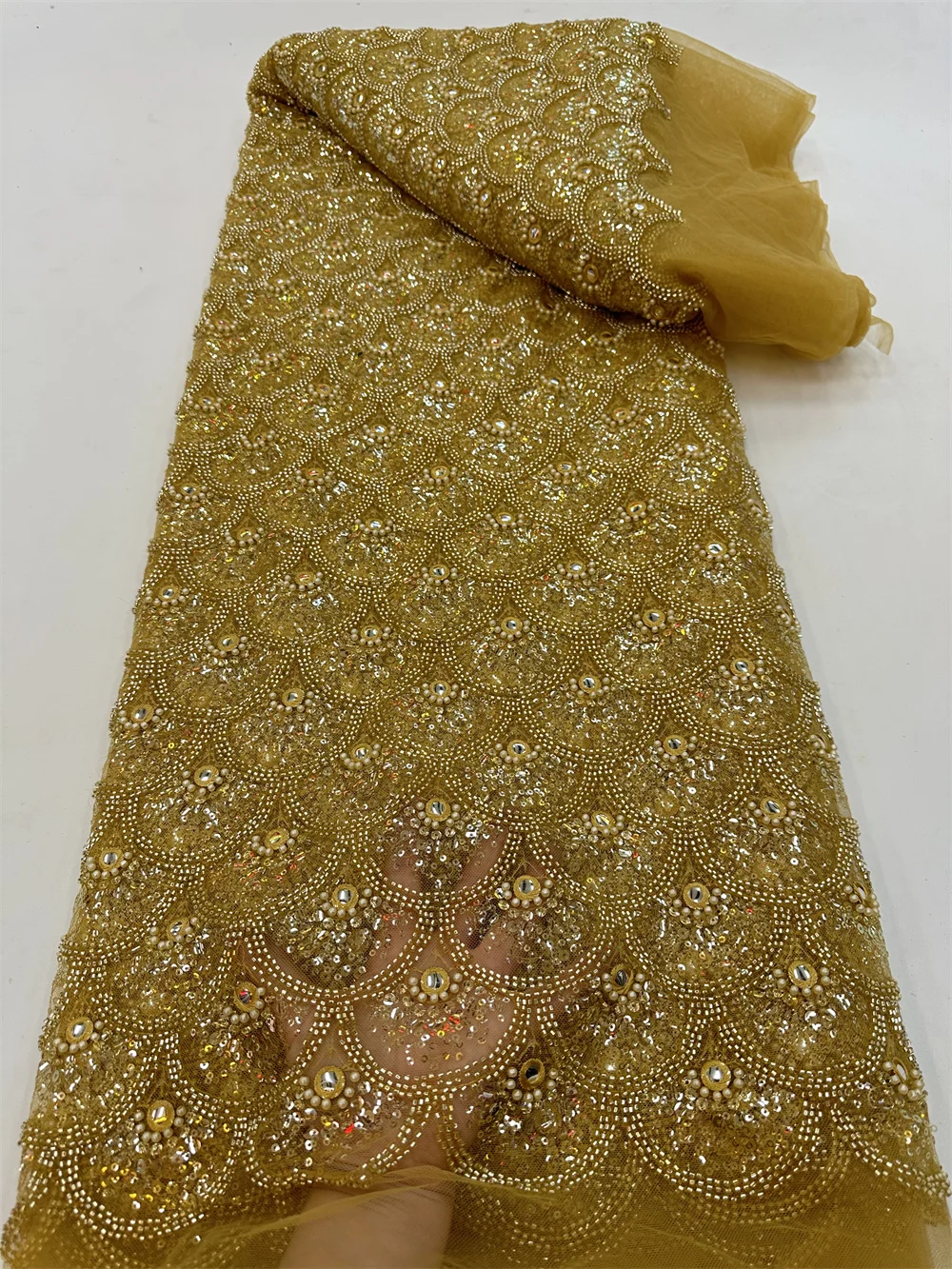 African Sequins Beaded Lace Fabrics 2023 High Quality Sequence Embroidery French Nigerian Lace Fabric For Wedding Sewing RF500TY